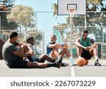 Small photo of Basketball court, friends and men, break and team sports, social conversation and relax in community playground. Basketball players, rest and black people together after game, team training and match