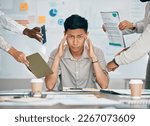 Small photo of Stress, overworked and headache with businessman multitasking audit, schedule and compliance. Challenge, accountability and mental health with asian employee for burnout, frustrated and deadline