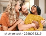 Small photo of Family, love and hug, laughing and happiness with care and funny, bonding and couple with black child together at family home. Happy family, adoption or foster care and interracial with relationship.