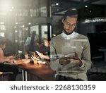 Phone, office and business man at night for research, online conversation and social media. Corporate workplace, communication and male with smartphone for writing email, networking and text message