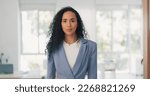 Small photo of Business woman and face with stop hand for assertive and serious gesture for rejection at workplace. Corporate black woman in office portrait with palm zoom for warning, discrimination or harassment