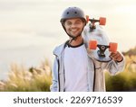 Smile, longboard and portrait of man with skateboarding hobby, skill and balance on road. Freedom, urban fun and face of happy gen z skateboarder, cool guy holding skateboard with happiness and sport