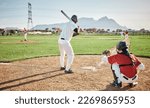 Small photo of Baseball batter, game or sports man on field at competition, training match on a stadium pitch. Softball exercise, fitness workout or back view of players playing outdoors on grass field in summer