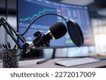 Small photo of Microphone, studio and computer screen for podcast, radio or audio news on stock market update background. Mic, sound technology and pc monitor for broadcast, trading review and algorithm statistics