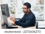 Small photo of Laptop, administration and business man focus on finance spreadsheet, bank software or financial accounting. Bookkeeping account data, office gesture and consultant problem solving payroll system