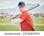 Small photo of Baseball batter, portrait or sports man on field at competition, training match on a stadium pitch. Softball exercise, healthy fitness workout or focused player playing a fun game outdoors on grass