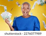 Small photo of Winner, portrait and excited black woman with euros in studio isolated on a yellow background. Financial freedom, money rain and happy face of wealthy female with cash after winning lottery prize.