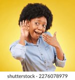 Small photo of Surprise, gossip and black woman listening in a studio with a wow, wtf or omg face expression. Secret, shock and curious African female model with an afro with a listen gesture by a yellow background