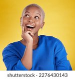 Small photo of Wow, thinking and aha with a black woman in studio on a yellow background looking thoughtful or surprised. Idea, wonder and eureka with an attractive young female feeling shocked or contemplative