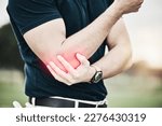 Small photo of Sports, elbow pain and man on golf course holding arm during game massage and relief in health and wellness. Green, zoom on hands on muscle for support and golfer with ache during golfing workout.