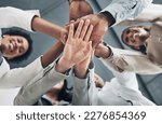 Small photo of Mission, low angle or hands of happy business people with goals, support or motivation for success or growth. Strategy, b2b meeting zoom or teamwork collaboration planning our vision or sales target