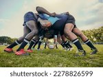 Small photo of Rugby fitness, scrum or men training in stadium on grass field in match, practice or sports game. Teamwork, ball or strong athletes in tackle exercise, performance or workout in group competition