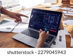 Small photo of Computer screen, stock market and hands of people in meeting, data analytics and statistics analysis or review growth. Laptop, software app and algorithm increase stats of analyst teamwork in office