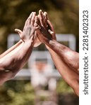 Small photo of Basketball court, team sports and high five hands for success, support and winner achievement outdoor. Excited basketball player community friends group, celebration goals and competition motivation