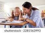 Small photo of Teacher, learning and helping girl in classroom for drawing, studying or assessment. Teaching, development and kid or student with happy woman for education assistance with notebook in kindergarten.