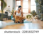 Small photo of Home fitness, yoga or happy woman with cat or pet animal relaxing for wellness or healthy lifestyle. Smile, calm or active zen girl loves bonding, caring or playing with kitten or kitty in house