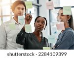 Small photo of Working, sticky notes planning and teamwork collaboration with storyboard of a office team. Business strategy, corporate schedule or marketing moodboard of staff with diversity busy with a job project