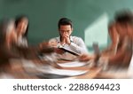 Small photo of Stress, migraine and motion blur with a business man in a meeting feeling frustrated, tired or overworked. Mental health, anxiety and headache with an exhausted male employee suffering from fatigue
