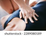 Small photo of Hands, cpr and chest compression for swimming emergency, drown or accident with lifeguard. Sports, breathing and resuscitation of woman, rescue of athlete or saving life of swimmer in top view.