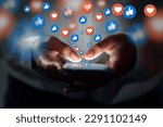 Person, social media icon or hands with phone for communication, typing text or online dating at night. Like, love emojis overlay or user on mobile app screen, chat website or digital network closeup