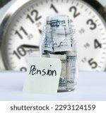 Small photo of Rather sooner than later. a note reading Pension against a jar filled with money.