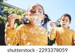 Small photo of Boy, girl and playing with bubbles outdoor in garden, backyard or park with happiness, family or siblings. Children, soap bubble game and playful in childhood, youth and summer sunshine on holiday