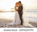 Small photo of I pledge to honour you, love you and cherish you. Shot of a young couple on the beach on their wedding day.