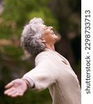 Small photo of Happiness, senior woman with open arms enjoying life outdoors or success, happy and retired lady celebration of financial freedom. Healthy, smiling pensioner stretching with joy in retirement