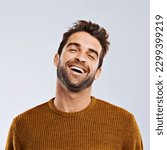 Small photo of Laughing, comedy and portrait of happy man by white background. Smile, confident and face laugh of comic person, isolated and young male model enjoying a comedy joke on a studio backdrop