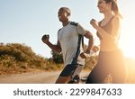 Small photo of Smile, running and health with couple in road for workout, cardio performance and summer. Marathon, exercise and teamwork with black man and woman runner in nature for sports, training and race