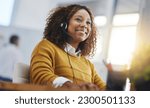 Small photo of African woman, call center agent or smile with voip for consulting, listening or contact us in office. Female consultant, customer service or tech support crm with headphones, microphone or help desk