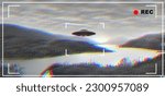 Small photo of UFO, alien and camcorder viewfinder with a spaceship flying in the sky over area 51 for an invasion. Camera, spacecraft and conspiracy theory with a saucer on a display to record a sighting of aliens