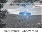UFO, alien and camera viewfinder with a spaceship flying in the sky over area 51 for an invasion. Camcorder, spacecraft and conspiracy theory with a saucer on a display to record a sighting of aliens