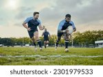 Small photo of Rugby, sports and men training, score and exercise for balance, endurance and workout for wellness. Team, male athletes or players with ball, victory or winning on grass field, competition and active