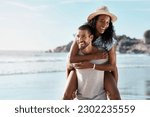 Romance, ocean and piggy back, happy couple with blue sky on romantic summer holiday travel to beach. Love, man and woman at sea, happiness on date and romantic adventure vacation together in Mexico.