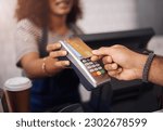Credit card machine, cafe and hands of customer for b2c shopping, point of sale transaction and finance. Closeup, nfc and contactless payment in coffee shop at cashier, rfid technology and services