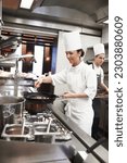 Small photo of Chef, woman and frying pan with sauce in kitchen, catering service and prepare food for restaurant fine dining. Professional, cooking and female saucier, cook or person with meat meal for hospitality
