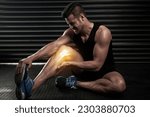 Small photo of Fitness, knee pain and injury with man in gym for inflammation, muscle and x ray. Medical, workout and accident with male bodybuilder and hurt leg for exercise, emergency and sports problem