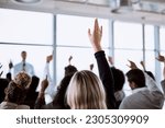 Small photo of Conference, group and business people with hands for a vote, question or volunteering. Corporate event, meeting and hand raised in a training seminar for questions, voting or audience opinion