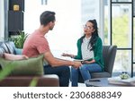 Small photo of Mental health, therapy or counseling with a woman psychologist and male patient talking in her office. Psychology, wellness and trust with a female doctor or shrink consulting a man for healing