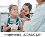 Girl, mom and doctor with vaccine injection, cotton ball and flu shot on arm for disease or covid prevention in hospital. Woman, nurse and child with pediatrician help with bandaid, teddy or health