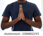 Hands, worship and man praying in studio in hope of help, guidance and gratitude in white background. Hand, pray and male person in prayer to Jesus Christ, humble and spiritual, holy and Christianity