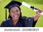 Small photo of Black woman, smile in portrait with diploma and graduation, education success and achievement with happiness. Certificate, degree and qualification with female graduate, celebration and university
