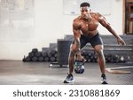 Small photo of Black man, fitness and weightlifting with kettlebell for workout, exercise or training at the gym. African male person or muscular bodybuilder lifting weight for strength sports or intense exercising