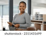 Small photo of Tablet, happy and portrait of business black woman online for research, internet or website in office. Corporate, professional and female worker on digital tech for social media, project and planning