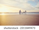 Small photo of Sunset, travel and family holding hands on beach walking on holiday, summer vacation and weekend. Nature, mockup and mother, father and children by ocean for bonding, adventure and quality time