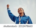 Small photo of Happy woman, fist and celebration of winning athlete, success or victory for sports achievement on mockup. Female person or winner with smile in joy for win, award or sport medal on mock up space