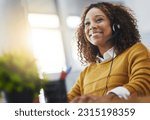Small photo of Young african woman, call center agent or listen on voip headset with mockup space, lens flare or contact. Girl, customer service or tech support crm with smile, headphones or microphone at help desk