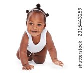 Small photo of Smile, crawl and African girl baby isolated on white background with playful happiness and growth. Learning, playing and development, happy face of black child crawling on floor on studio backdrop.