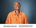 Small photo of Smile, laugh and portrait of black woman laughing in studio at silly, joke or funny against a gradient grey background. Happy, laugh and face of African female with positive attitude or good vibes
